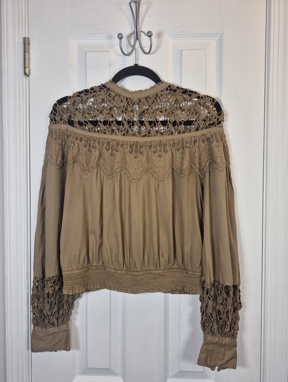 Free People Crochet Lace Boho Blouse Olive Green Smocked Cottagecore Fairy Top S
